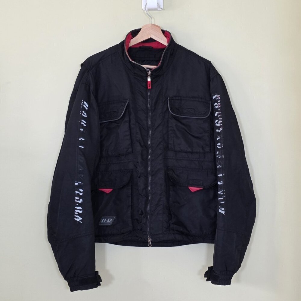 Vtg Harley Davidson Racing Jacket Mens L Black Quilted Detach Lining Pockets Zip
